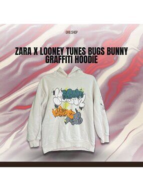 ZARA X Looney Tunes Bugs Bunny Graffiti Hoodie Vibrant Multicolor Print Cotton B